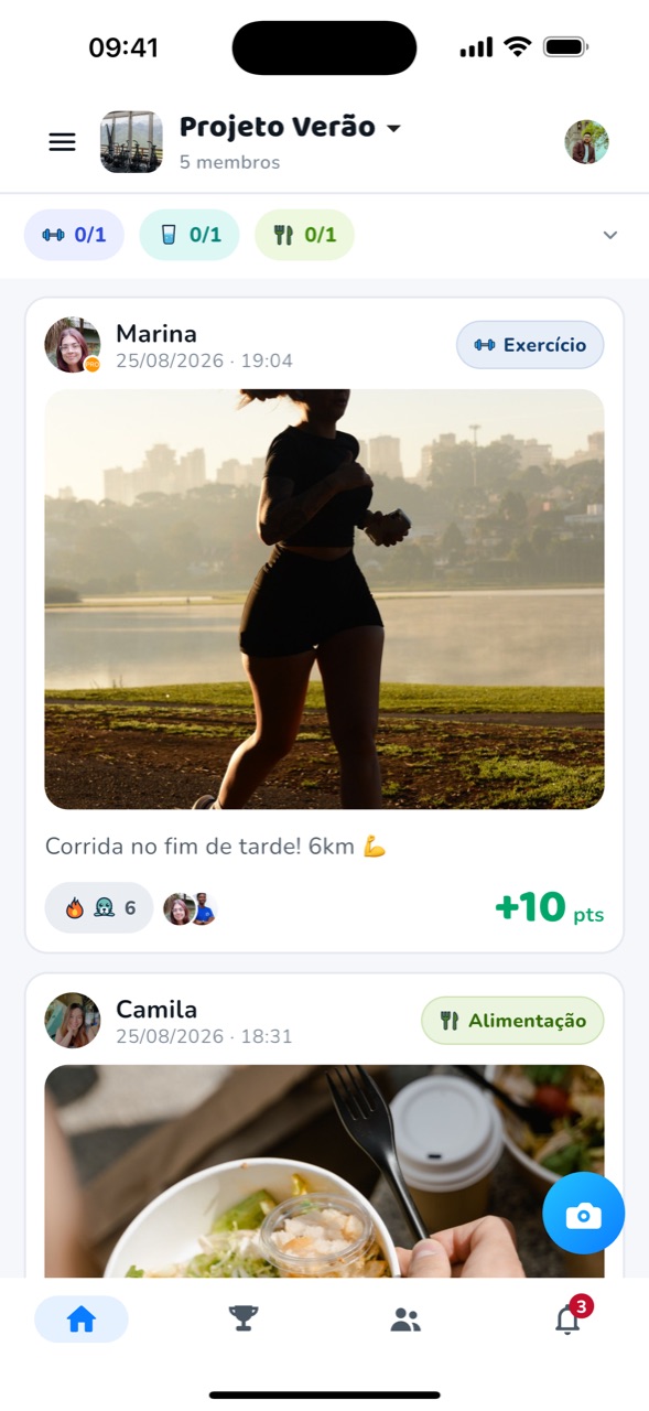 Feed do Foca com check-ins de exercício e alimentação